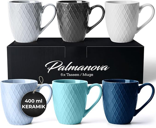 MIAMIO - Coffee Mugs set of 6 / Coffee Cups - 6 x 14 Oz Ceramic Mugs - Large Coffee Mugs - Microwave & Dishwasher safe - Palmanova Collection (Blue)