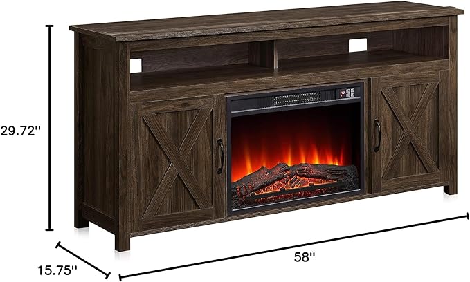 BELLEZE Barn Door Wood Electric Fireplace TV Stand for TVs up to 65 Inches Open Shelves and Cabinets Media Entertainment Center Console Table - Corin (Dark Walnut)