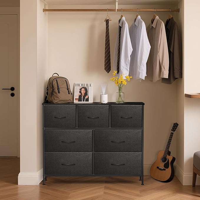 Dresser for Bedroom with 7 Drawers, Chest of Drawers, Storage Drawers Organizer Unit, Black Wide Fabric Dresser with Fabric Bins for Closet, Living Room, Entryway (Charcoal Black)