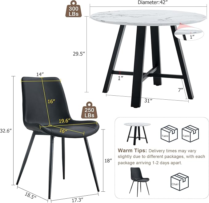 Round Dining Table Set for 4,Modern Round Kitchen Table and Chairs for 4,42" White faux Marble Circle Dining Table with 4 PU Leather Chairs,Circle Dining Table Set for Small Space Apartment Kitchen