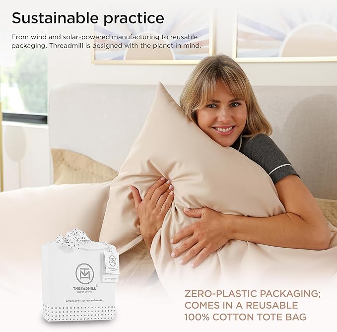 Threadmill Luxury Supima Cotton Sheets, Luxury 1000 Thread Count Soft 100% Cotton Sheets for Queen Size Bed, 4 Pc Beige Bed Queen Set, 5-Star Hotel Quality Elasticized Deep Pocket Bed Sheets Set