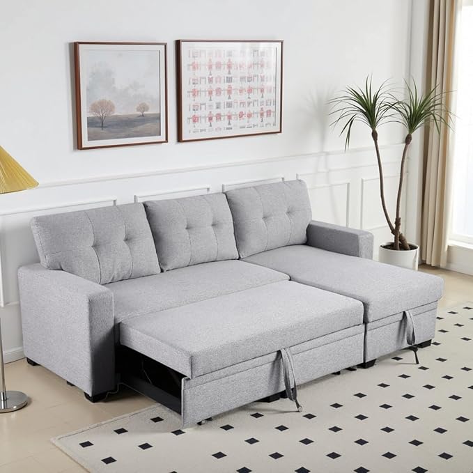 L-Shape Sofa Bed, 82" Sectional Couch with Storage Chaise, Pull Out Sleeper Sofa with Removable Back Cushions, Convertible Corner Couch for Living Room Apartment, Gray