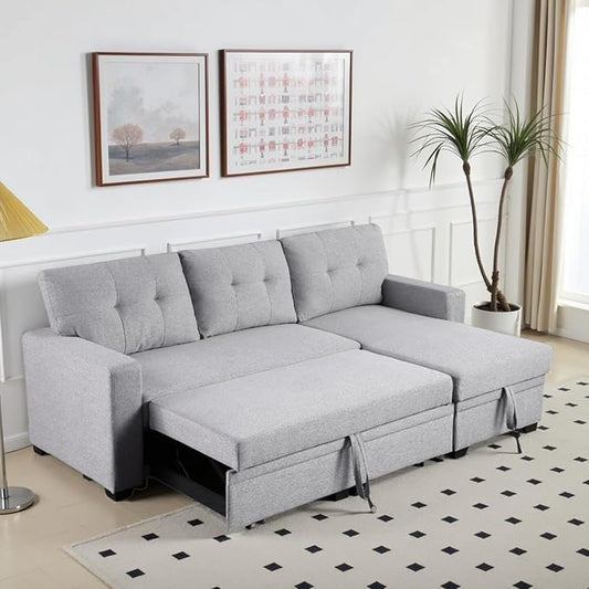 L-Shape Sofa Bed, 82" Sectional Couch with Storage Chaise, Pull Out Sleeper Sofa with Removable Back Cushions, Convertible Corner Couch for Living Room Apartment, Gray