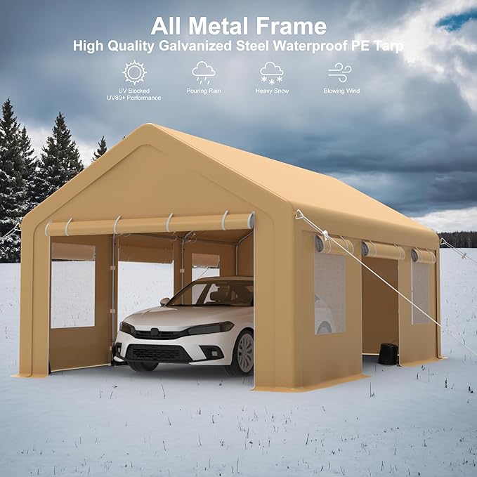 Heavy Duty Carport, Portable Garage with 4 Doors & 4 Window，Upgraded Carport with Reinforced Steel Poles, Uv Resistant All-Season Waterproof Tarp, for Car, Truck, Boat