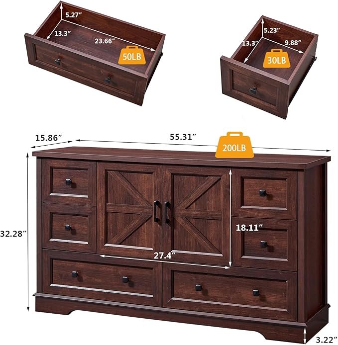 SOOWERY Dresser for Bedroom, Farmhouse Dresser with 6 Wooden Drawers and Storage Cabinet, 55 Inches Tall Chest of Drawers for Bedroom, Living Room, Hallway, Dark Cherry