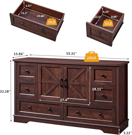 SOOWERY Dresser for Bedroom, Farmhouse Dresser with 6 Wooden Drawers and Storage Cabinet, 55 Inches Tall Chest of Drawers for Bedroom, Living Room, Hallway, Dark Cherry