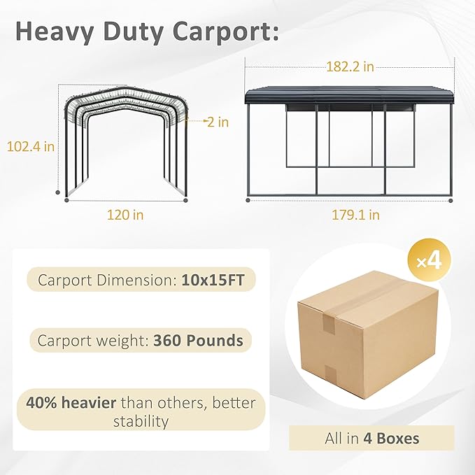 10x15 FT Heavy Duty Metal Carport, Car Port Canopy with Metal Roof, Garage Car Shelter Shade for Outdoor, Car, Truck, Boat, Gray