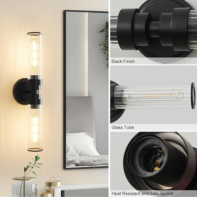 Bathroom Light Fixtures, Black Wall Sconce in Threaded Glass Indoor Vanity Lights, Modern Bathroom Vanity Light Up and Down Sconces Wall Lighting for Bathroom, Living Room - Bulb Not Included