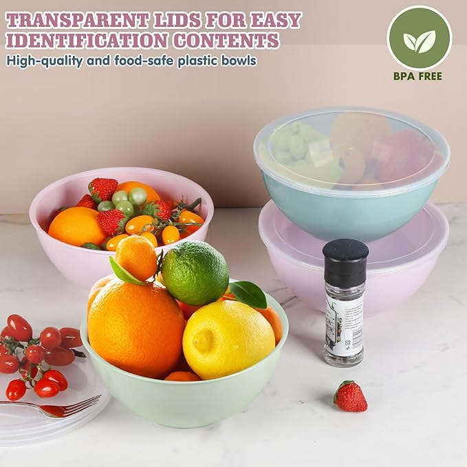 4-Piece Plastic Mixing Bowl Set with Lids for Kitchen, 67oz Lightweight Storage Bowls, Large Salad Bowls for Baking, Prepping, Cooking and Serving Food, Dishwasher & Microwave Safe