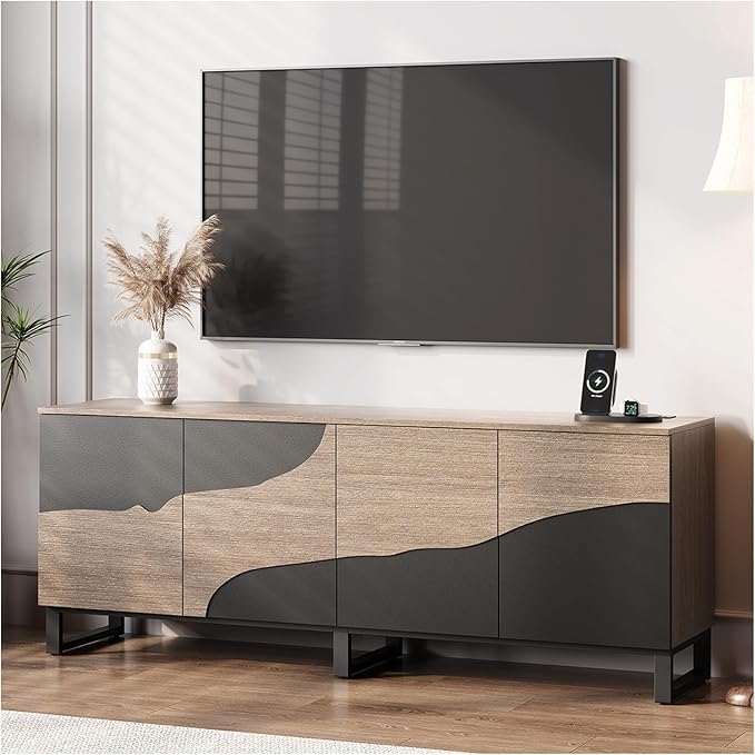 70" TV Stand with Power Outlet, Black Large TV Stands for 75 Inch TV, Entertainment Center TV Cabinet with Storage and Adjustable Shelf, Live Edge TV Console Table for Bedroom Living Room