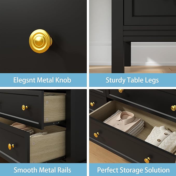 CARPETNAL Black Dresser for Bedroom, 6 Drawer Dresser with Wide Drawer and Metal Handles, 55" Black and Gold Dresser, Wood Dressers & Chests of Drawers for Hallway, Entryway.