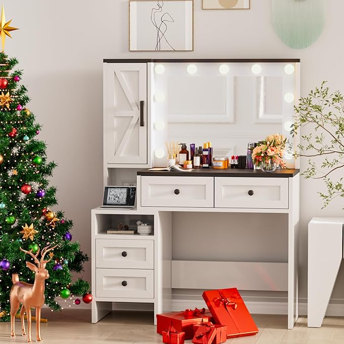 Likein Vanity Desk with Mirror and Lights, Makeup Vanity Set with 4 Drawers & Storage Cabinet, Power Outlet, White Vanity Dressing Table with 3 Lighting Modes Adjustable for Girl Bedroom