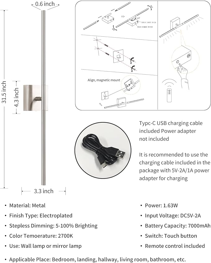KDG Cordless Wall Sconces Set of 2, Wireless 7000mAh Rechargeable Battery Operated LED Wall Lamps with Remote, 360° Rotate Lightings for Wall Painting, Bedroom, Hallway, Night Light 31.5 inch (Nickel)