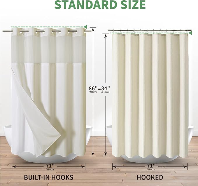 Extra Long No Hook Shower Curtain with Snap-in Fabric Liner Set,Slub Textured Fabric Shower Curtains for Bathroom,Hotel Style Modern Shower Curtain,Water Repellent & Washable,71x86(84),Cream