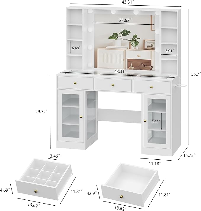 White Vanity Desk with Mirror and Lights, Glass Top Vanity with Lighted Mirror & RGB Glass Cabinet and 3 Drawers, Makeup Vanity Desk with Lights Dressing Table for Bedroom, 3 Color Modes