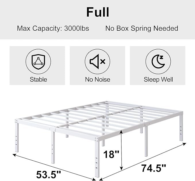 18 Inch Full Size Bed Frame Heavy Duty Metal Platform No Box Spring Needed, Maximum Storage, Easy Assembly, Noise Free, White