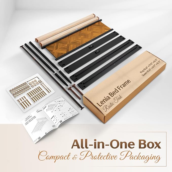 Lenia 14-Inch King Size Platform Bed Frame with Headboard – Heavy Duty Acacia Wood, Mid-Century Modern Style, 12 Strong Slats, No Box Spring Needed, Noise-Free, Easy Assembly, Teak Brown Finish