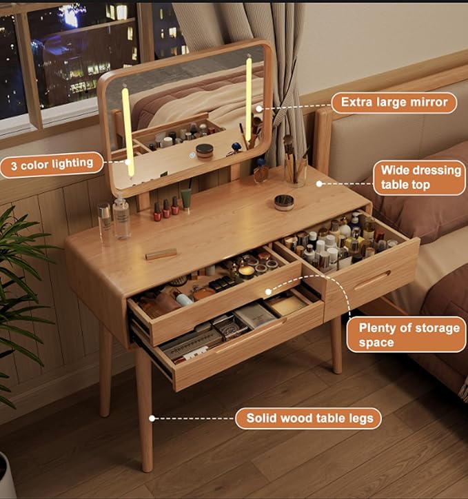 Soild Wood Vanity Table 38 IN with Light Mirror High Adjustable, Make Up Desk Large Dressing Table 3 Lighting Modes, Makeup Vanity 3 Drawer Dresser Vanity Table Wooden for Checkroom Apartment Bedroom