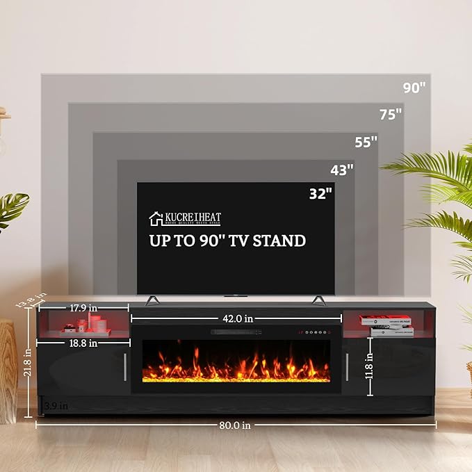 80'' TV Stand with 42''Fireplace-Black Entertainment Center for 90 inch TV- TV Cabinet with LED Light, Storage, High Glossy Door, Modern TV Console for Living Room