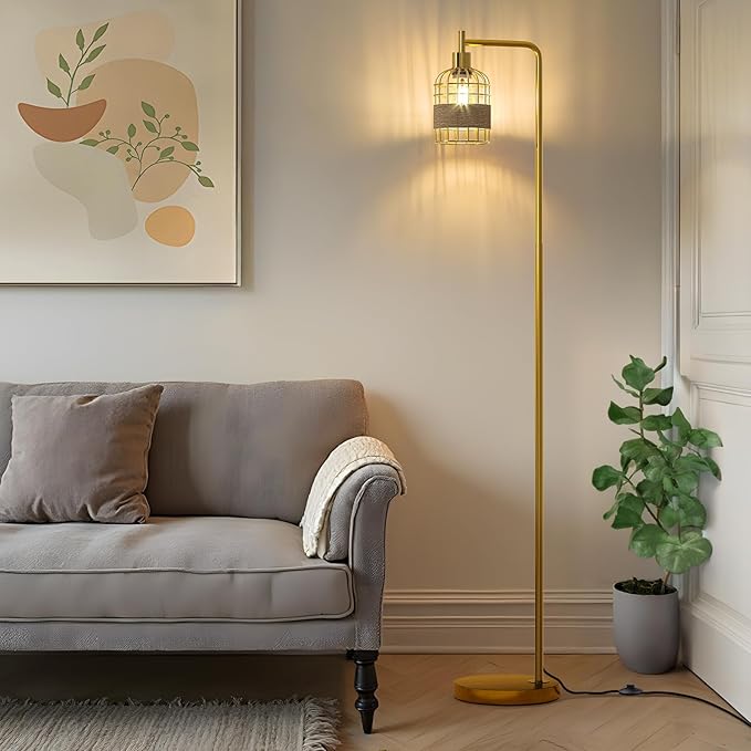 Oneach 66" Gold Floor Lamp for Living Room, Industrial Floor Lamp with LED Buld, Rattan Shade, Foot Switch, Minimalist Farmhouse Tall Standing Lamp for Bedroom, Office, Study Room