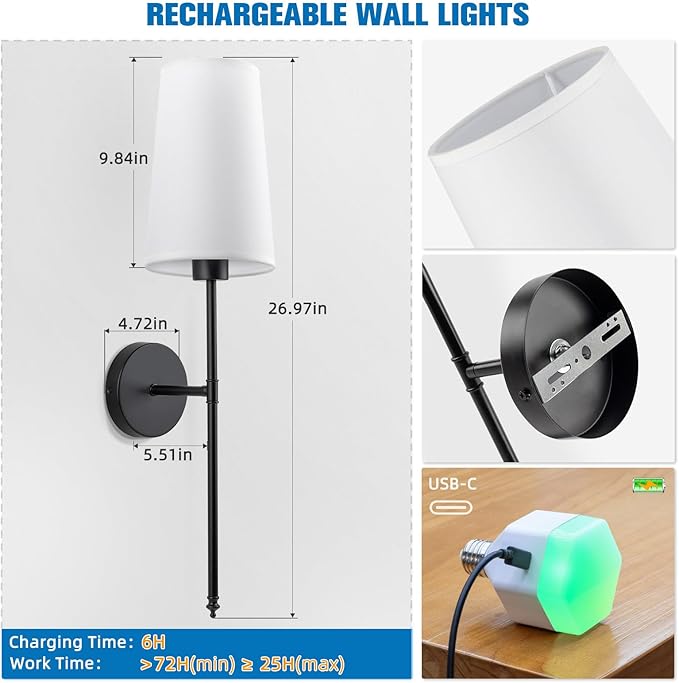 NIORSUN Black Battery Operated Wall Sconce Set of 2,Rechargeable Wall Lights with 5200mAh Dimmable Detachable Bulbs and Remote,9 Colors Wireless Sconces for Bedroom Living Room Hallway