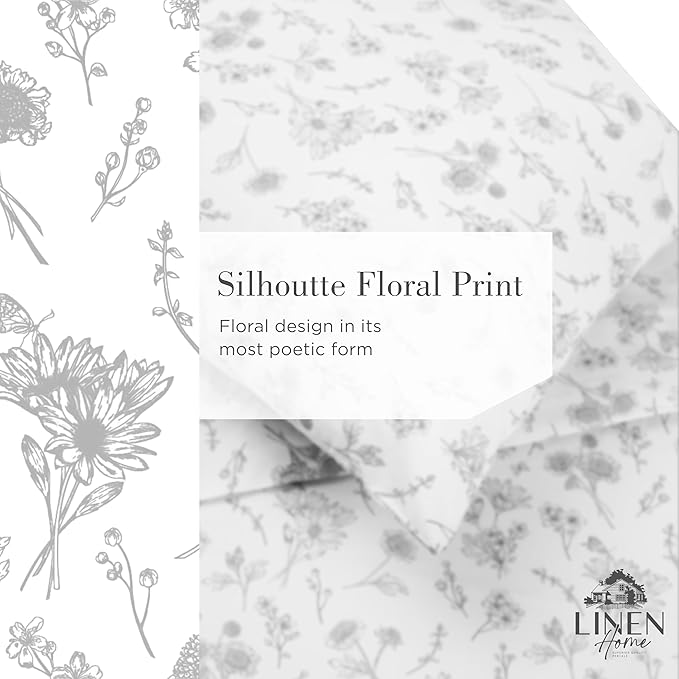 Linen Home 100% Cotton Printed Percale Sheets California King Size, Deep Pocket, 4 Pieces Set - 1 Flat, 1 Deep Pocket Fitted Sheet and 2 Pillowcases, Crisp Cool Bed Linen, Grey Botanical Floral