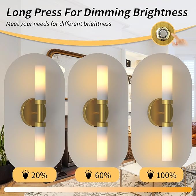 Rechargeable Battery Operated Wall Sconce, Dimmable Vanity Light with Touch Control, Wireless Bathroom Lights Over Mirror, Wall Light for Living Room Hallway Indoor, Gold & Frosted Glass