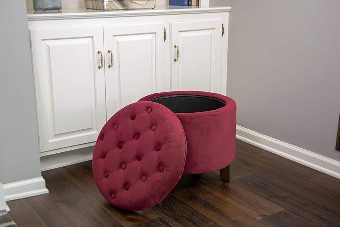 Homepop Home Decor | Upholstered Round Velvet Tufted Foot Rest Ottoman | Ottoman with Storage for Living Room & Bedroom | Decorative Home Furniture, Burgundy Small
