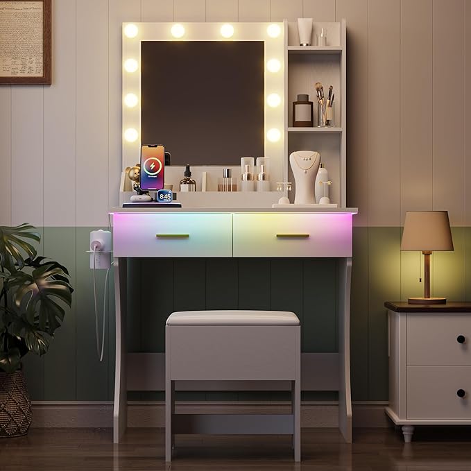 Vanity Mirror With Lights Desk And Chair, Small Makeup Vanity Set with Charging Station, Dressing Table with 2 Large Drawers, RGB Ambient Light, 3 Lighting Modes & Adjustable Brightness, White