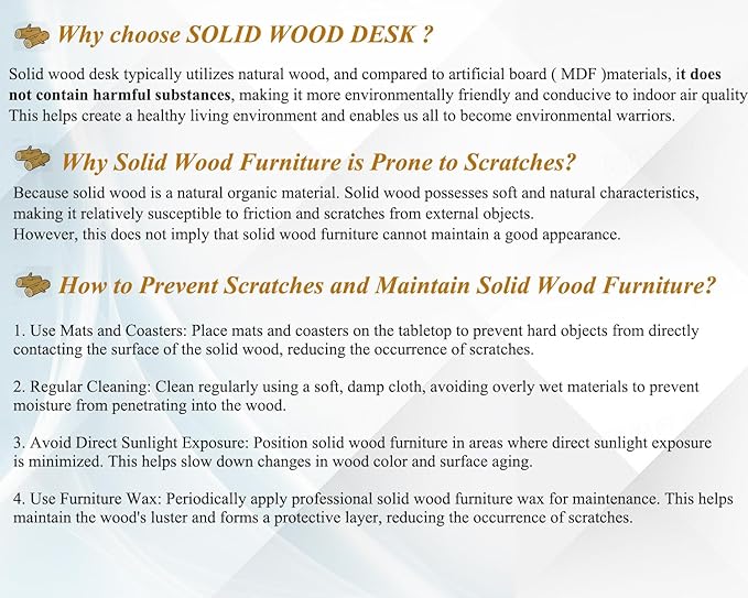 IBF Solid Real Wood Desk, Minimalist 47” Natural Wood Computer Desk, Rustic Desk for Home Office Writing Study, Vintage Industrial Wooden PC Gaming Workstation Computer Table, Brown, 47 Inch