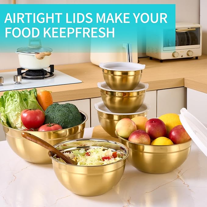 6 Piece Gold Mixing Bowls Set With Lids for Kitchen - Stainless Steel Ideal for Baking, Prepping, Cooking and Serving Food - Nesting Metal Bowls for Space Saving Storage