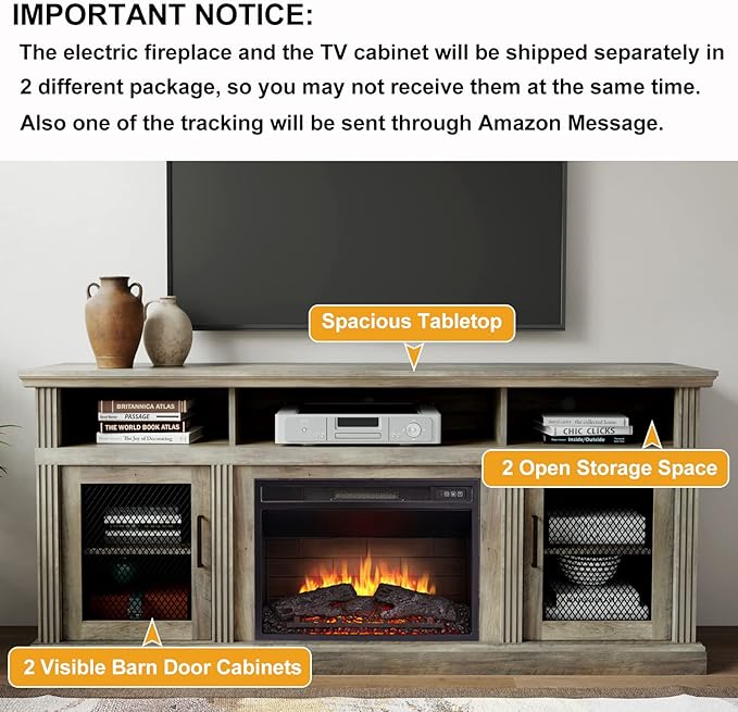 Cheerway 3D Fireplace TV Stand for TVs up to 80’’, Wooden Media Entertainment Center Table & TV Cabinets w/Storage Shelves & Barn Door, Electric Fireplace w/Remote Control & Adjustable Flame