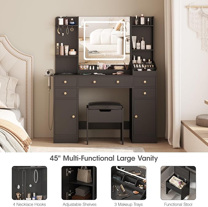 Vabches Vanity Desk with Lights, Makeup Vanity Table with Charging Station, 44.9in Big Vanity Set with 5 Drawers & Lots Storage Space, Black