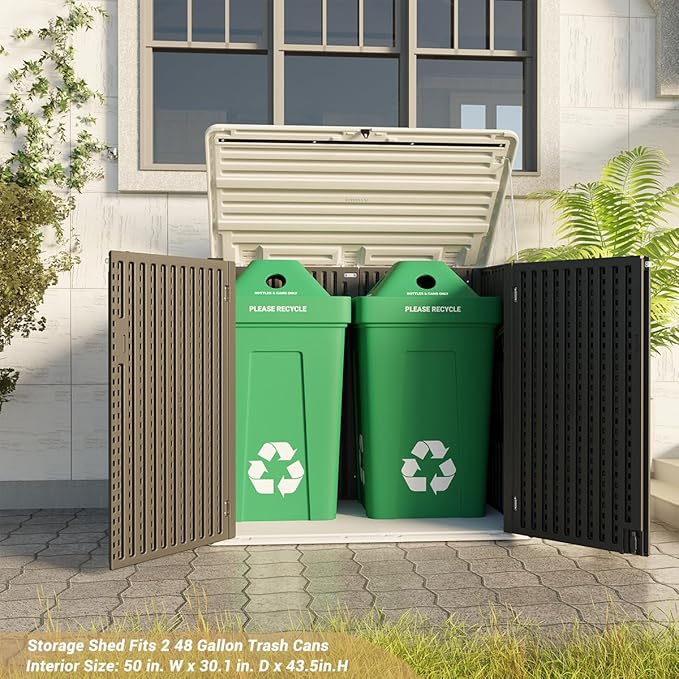 KINYING Larger Outdoor Storage Shed Weather Resistance, Resin Sheds & Outdoor Storage for Garden, Patios, Backyards, 48 Cu.Ft Tool Shed for Garbage Cans, Lawn Mower, Garden Tools,Black