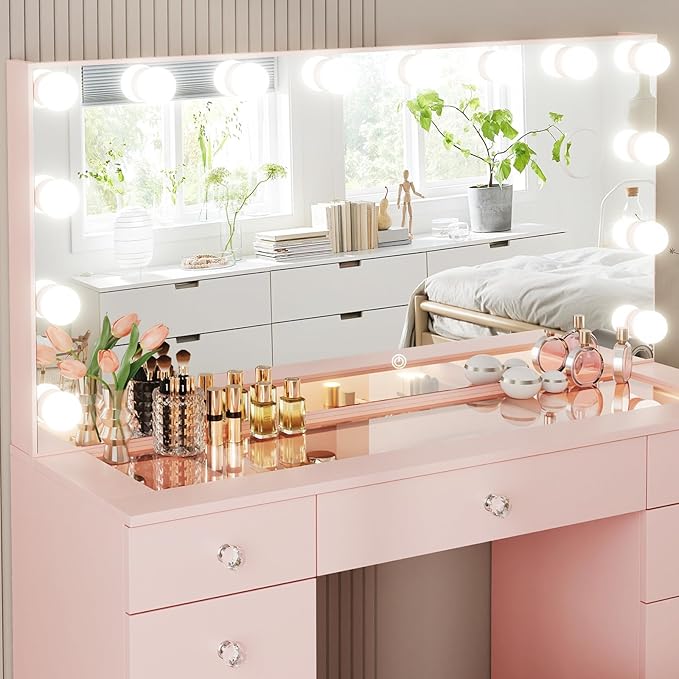 VOWNER Vanity with Lighted Mirror - Glass Top Makeup Vanity Desk with Lights and 11 Drawers, 3 Color Lighting Modes Adjustable Brightness, 46" Makeup Desk with Soft Cushioned Stool for Bedroom, Pink