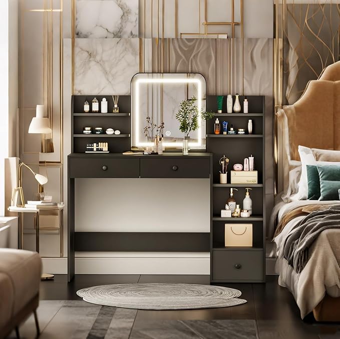 Black Makeup Vanity Desk with Square LED Mirror & 6 Open Shelves - 3-Color Adjustable Lighting, 3 Drawers + Right-Side Sloped Design, Dressing Table for Bedroom, Women, Teens