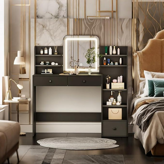 Black Makeup Vanity Desk with Square LED Mirror & 6 Open Shelves - 3-Color Adjustable Lighting, 3 Drawers + Right-Side Sloped Design, Dressing Table for Bedroom, Women, Teens