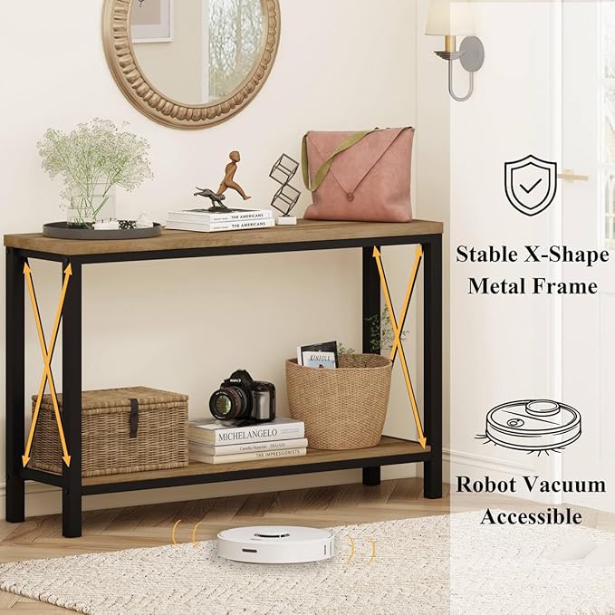 BON AUGURE Farmhouse Entryway Table, Sofa Console Table Behind Couch for Living Room, Industrial Hallway Tables for Entry, Front Door, Entrance, Foyer (Vintage Oak, 47 Inch)