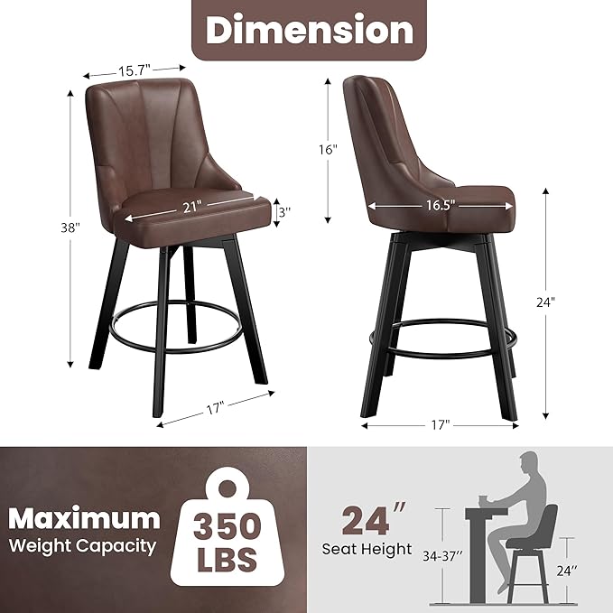 Swivel Bar Stools with Backs, 24" Counter Height Barstools Set of 8, Fabric Upholstered Counter Bar Stools with Solid Wood Legs for Kitchen Island, Home Bar, Brown