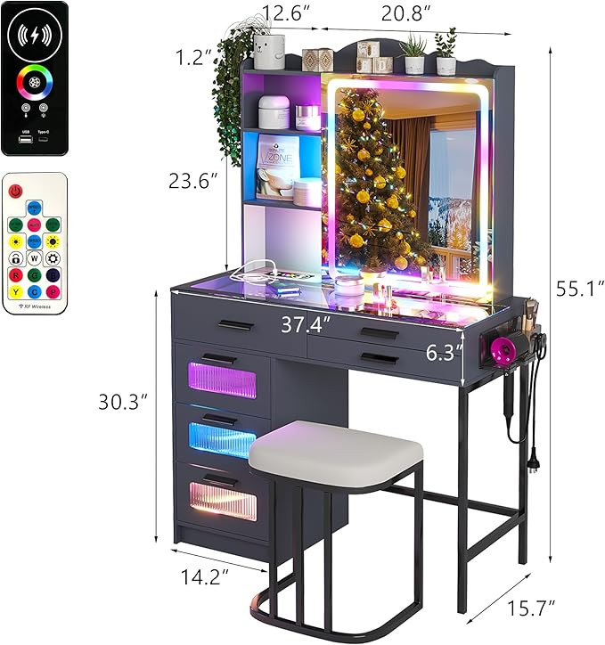 HENBC Vanity Desk with Sliding Mirror and Glass Desktop, LED Vanitys Mirror with RGB Lights Desk and Chair, Dressers Table Set with Charging Station/Makeup Organizer/6 Drawers for Bedroom(Grey)