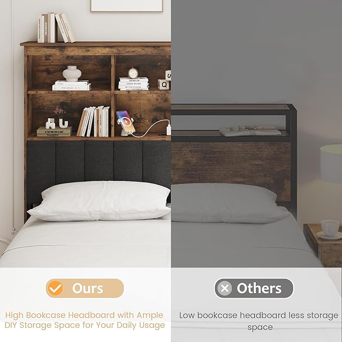 HISOFT Queen Bed Frame with Headboard, Wood Bed Frame with High Storage Bookcase, 4 Storage Drawers & LED & Charging Station,No Box Spring Needed/Noise Free/All-Metal Support, Vintage Brown