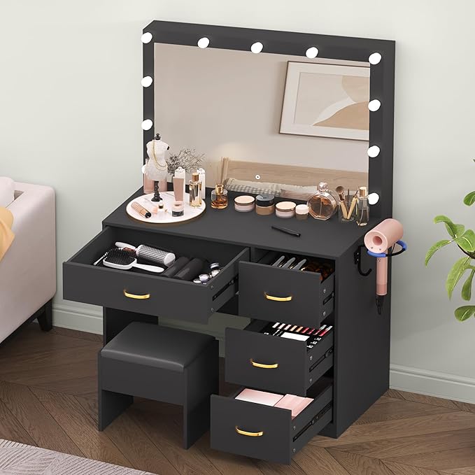 YITAHOME Vanity Desk Set with Lighted Mirror, Makeup Vanity with Power Outlets & Storage Drawers, Vanity Set with Stool