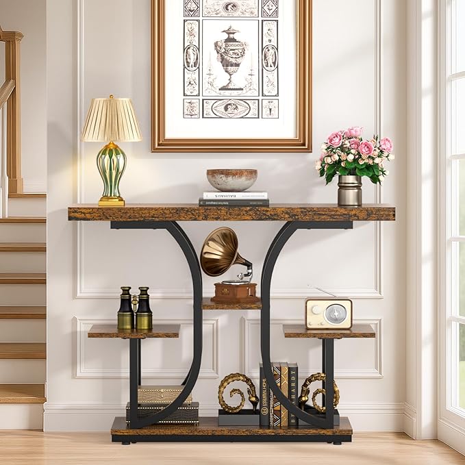 ikkle 42.5" Console Table, Industrial 4-Tier Sofa Table Entryway Table with Curved Base, Narrow Wood Accent Tables with Storage Shelves for Living Room, Hallway, Foyer, Rustic Brown