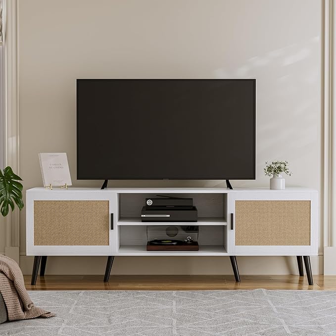 TV Stand for TVs up to 65'', Mid Century Modern Entertainment Center with Rattan Door, Shelves & 2 Cabinets, Boho Media TV Console for Living Room, Bedroom, White