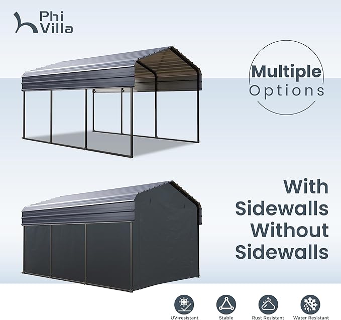 PHI VILLA 10 x 15 ft Heavy Duty Carport with Galvanized Steel Roof Multi-Use Shelter, Sturdy Metal Carport for Cars, Boats, and Tractors