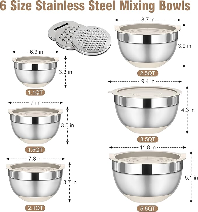 Mixing Bowls with Lids Set, 6PCS Stainless Steel Metal Bowls with 3 Grater Attachments, Measurement Marks & Colorful Non-Slip Bottoms, Size 7, 4, 3, 2, 1.5, 1QT, Great for Mixing & Serving (Khaki)