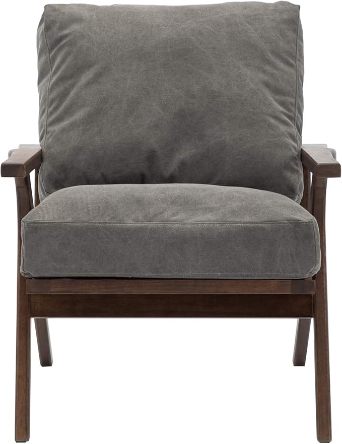 Wahson Mid Century Chair, Upholstered Accent Armchair, with Wood Frame and Canvas Cushions, Leisure Slipper Chair for Living Room/Bedroom, Grey