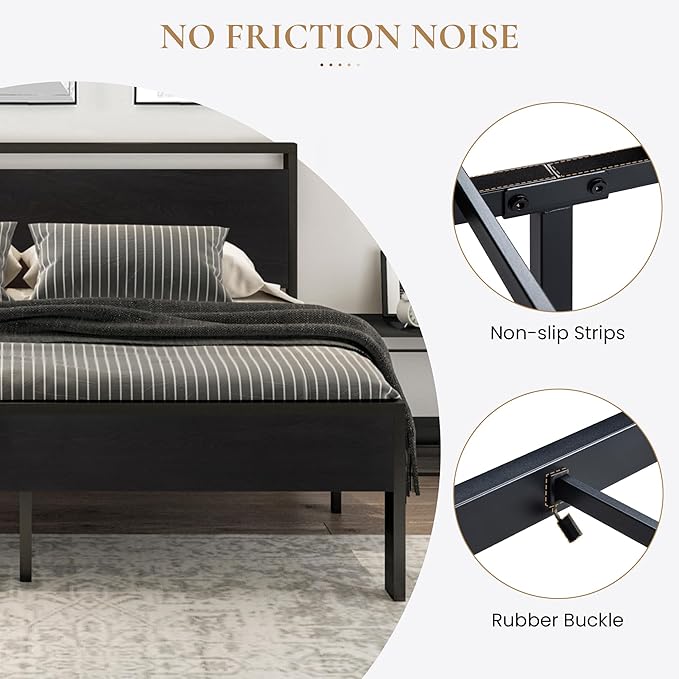 SHA CERLIN 14 Inch King Size Metal Platform Bed Frame with Wooden Headboard and Footboard, Mattress Foundation, No Box Spring Needed, Large Under Bed Storage, Black Oak