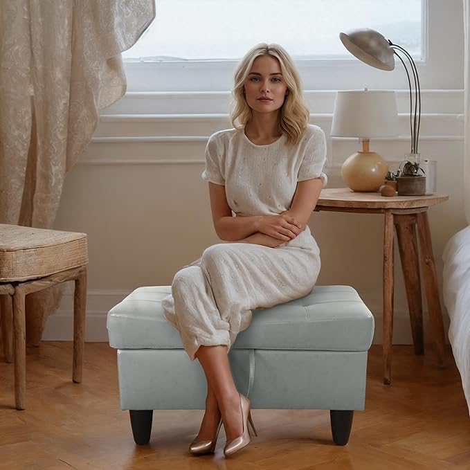 Ottoman Rectangular Storage Ottoman Bench, Faux Leather Footrest, Coffee Table, Stool Footstool with Hinged Lid for Living Room, Bedroom, Entryway, Gray, 35"x23.5"x17.5"