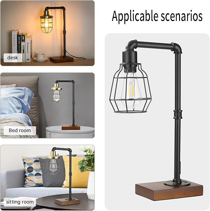 CONCA Industrial Steampunk Table Lamp, Edison Bulb, Metal, A-Black, 19.6x11.7x5.35 inches, 3 lbs, E26 Base, 800 Lumen, 120V